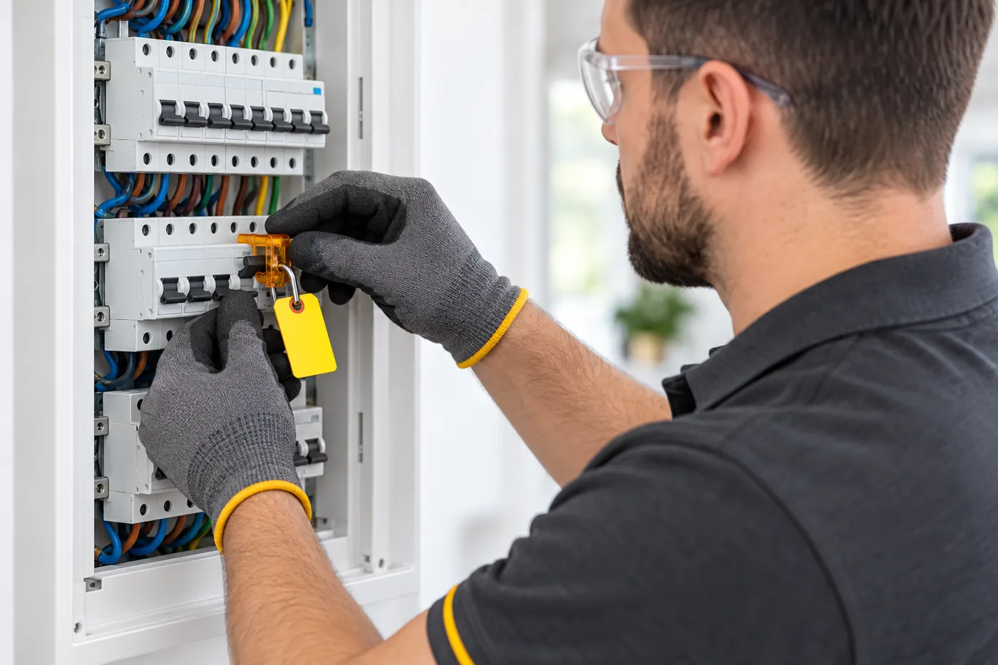 Électricien consignant un disjoncteur avec une étiquette pour isoler un circuit en défaut